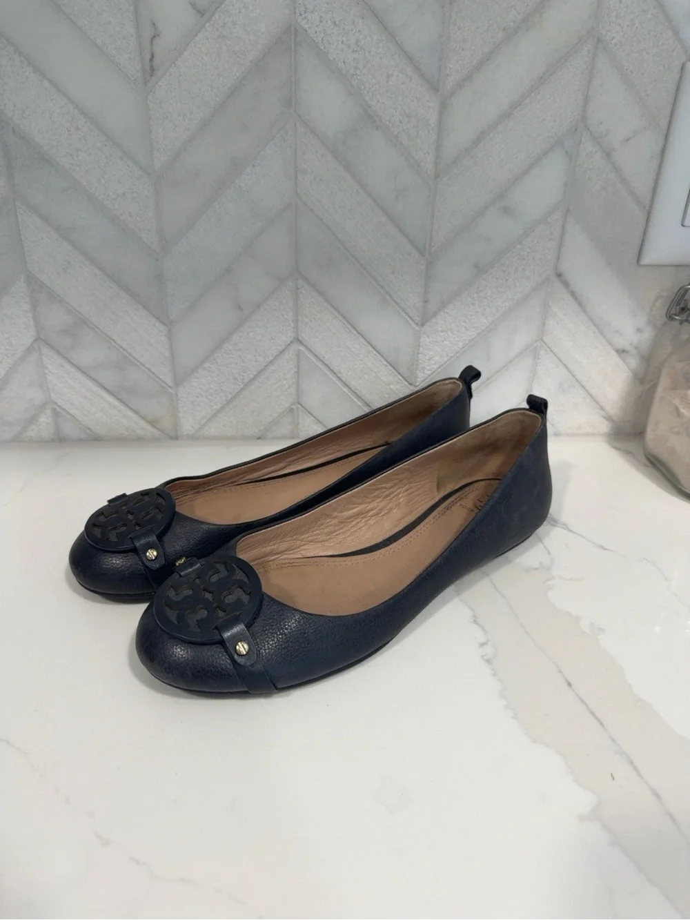Tory Burch Navy Leather Logo Ballet Flats